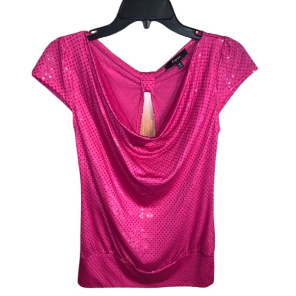 Express Tops - Express Sequin Open Back Draped Collar Blouse Pink